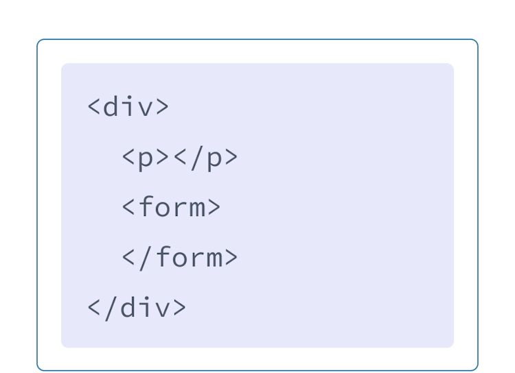 markup HTML dengan latar belakang berwarna ungu dan sebuah div dengan dua children tag: p dan form. 